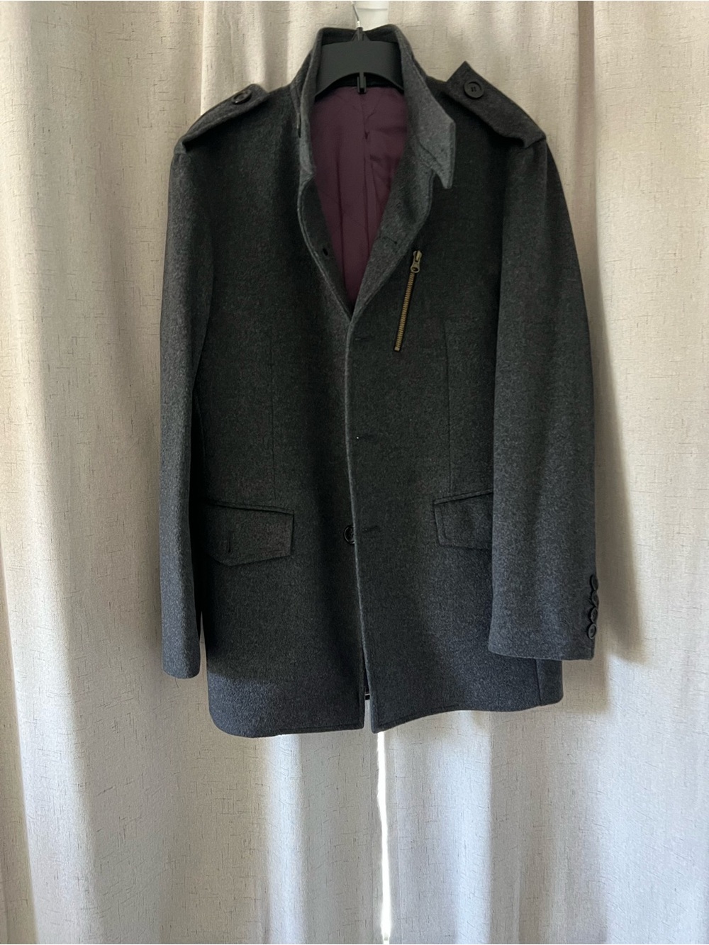 Men's Dark Gray Wool Pea Coat with Epaulets